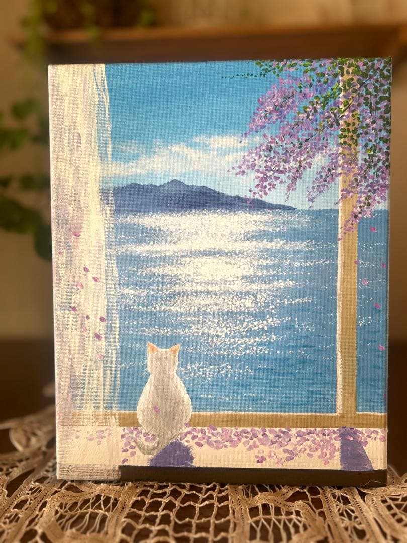 コ*ん様 猫の風景画 アクリル絵画　キラキラ輝く海を眺める子猫ちゃん