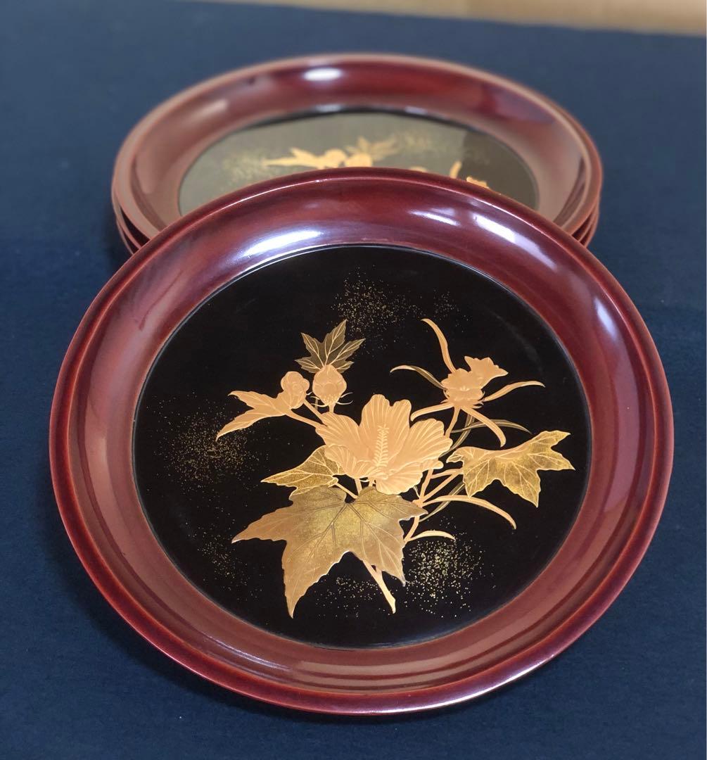 《レ》蒔絵 丸盆 菓子盆4客 木製漆器 木箱　260128く2