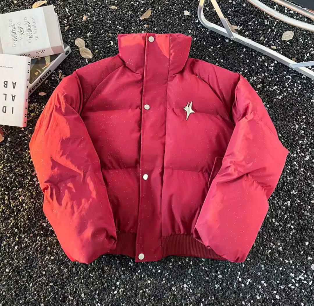 ラメ入り ダウンジャケット 赤 Lサイズ ゴシックロゴ Y2K ストリート 中綿