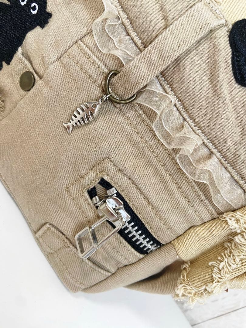 デニムリメイクバックS 茶フリンジ猫