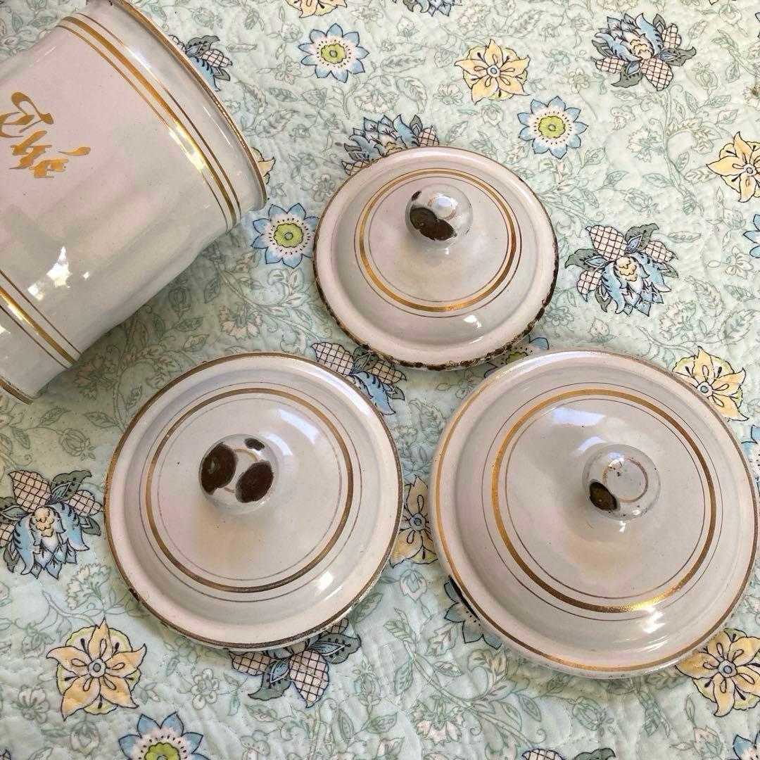 ♪フランスアンティーク キャニスター 琺瑯 6個セット ホワイト 金文字