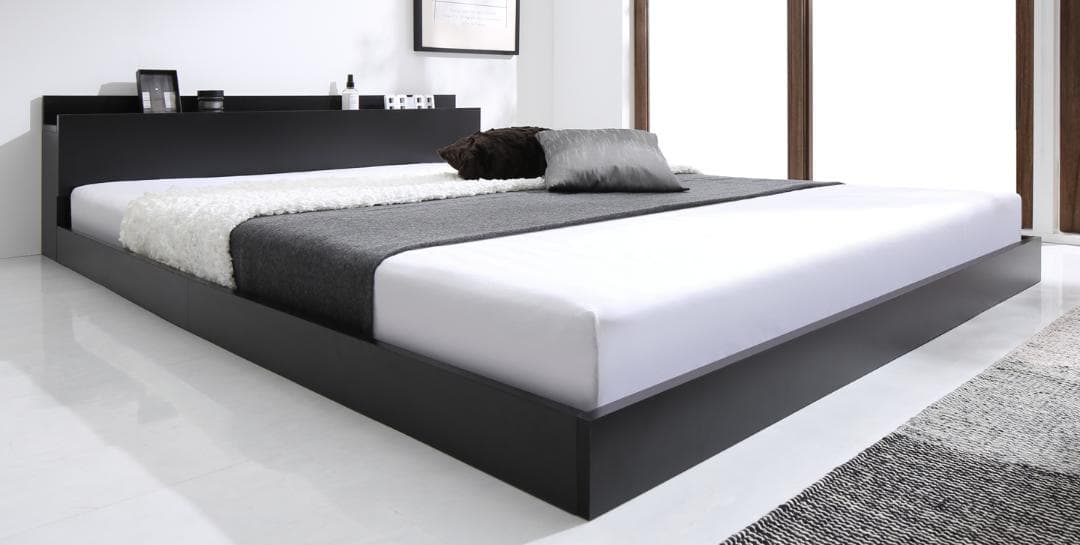 新品 送料込 ダブルベッド ゾーンコイルマットレス付 棚 コンセント付 ブラック