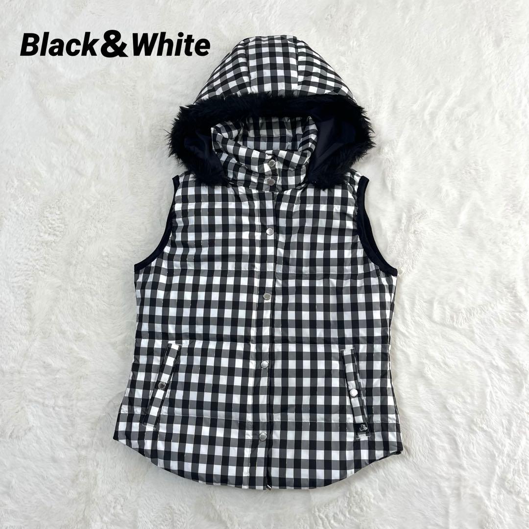 ブラック＆ホワイト ダウンベスト ゴルフウェア フード取外し可 ファー 黒白