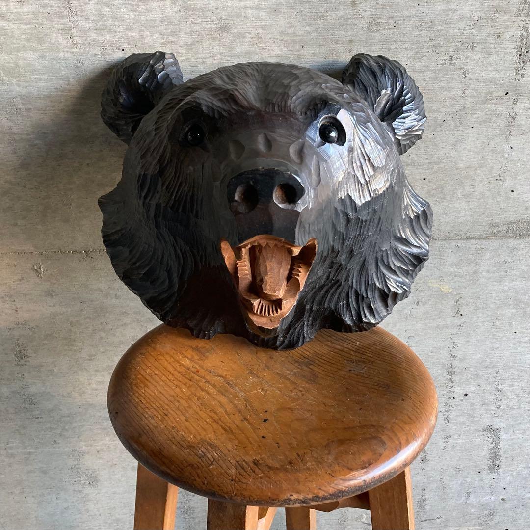 熊 ベア 壁掛け 置物 木製 木彫り 彫刻 顔 面 大型 動物 工芸品 レトロ