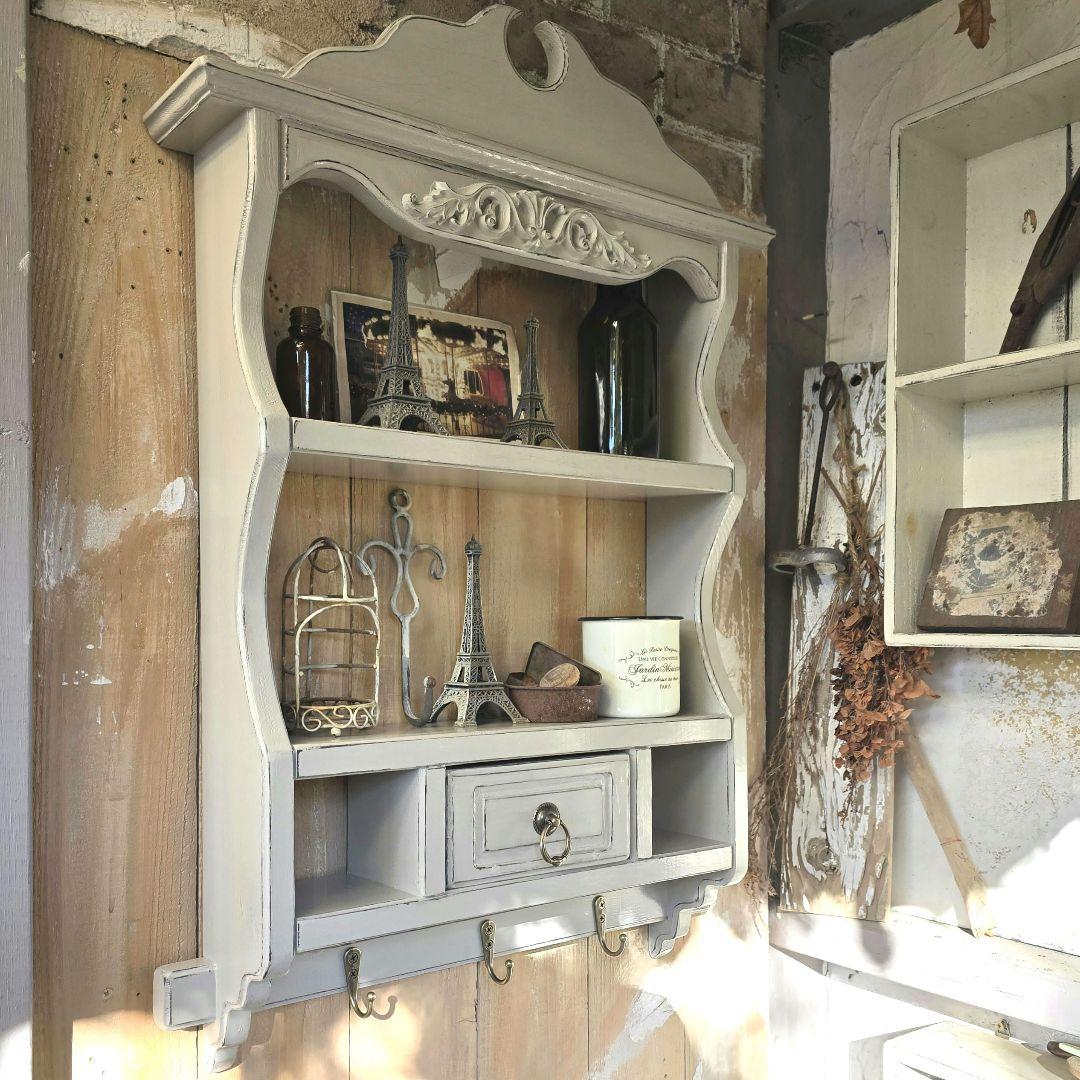 フレンチアンティークシャビー壁掛けシェルフ　ワイド450モール ベージュ