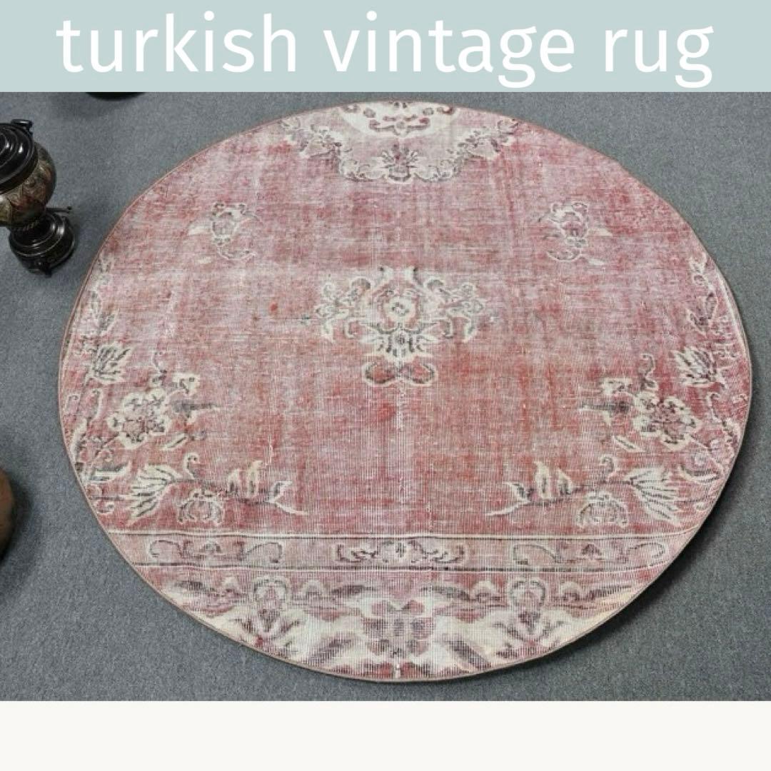 超大判145×145 ／ラウンド／レッドシャビー　トルコヴィンテージラグ