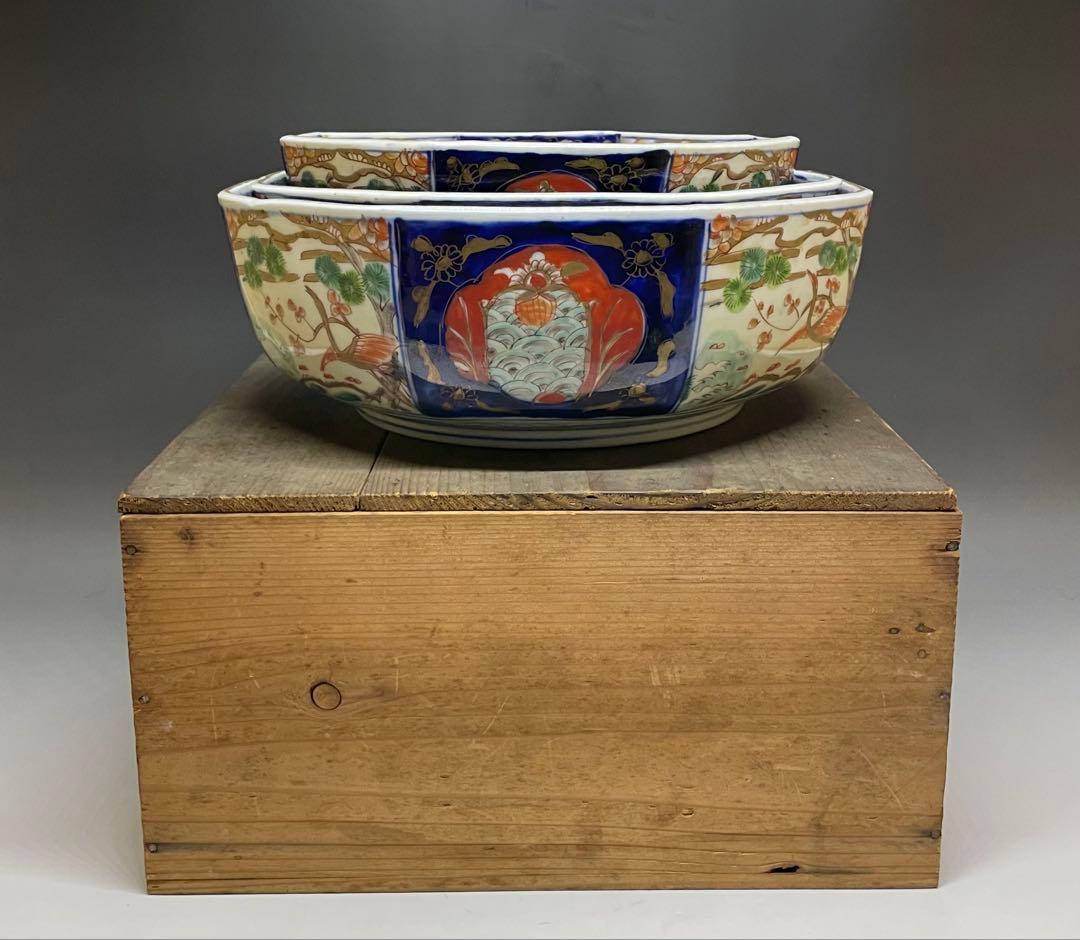 古伊万里　染錦　二重高台　三つ丼　鉢　飾り鉢　D132