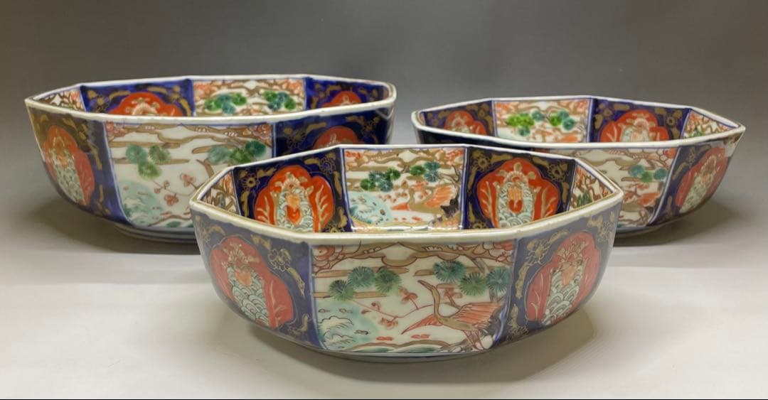 古伊万里　染錦　二重高台　三つ丼　鉢　飾り鉢　D132