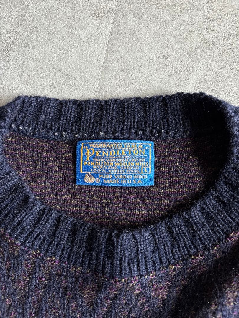 70s USA製 PENDLETON ウールニット ネイビー 総柄 美品