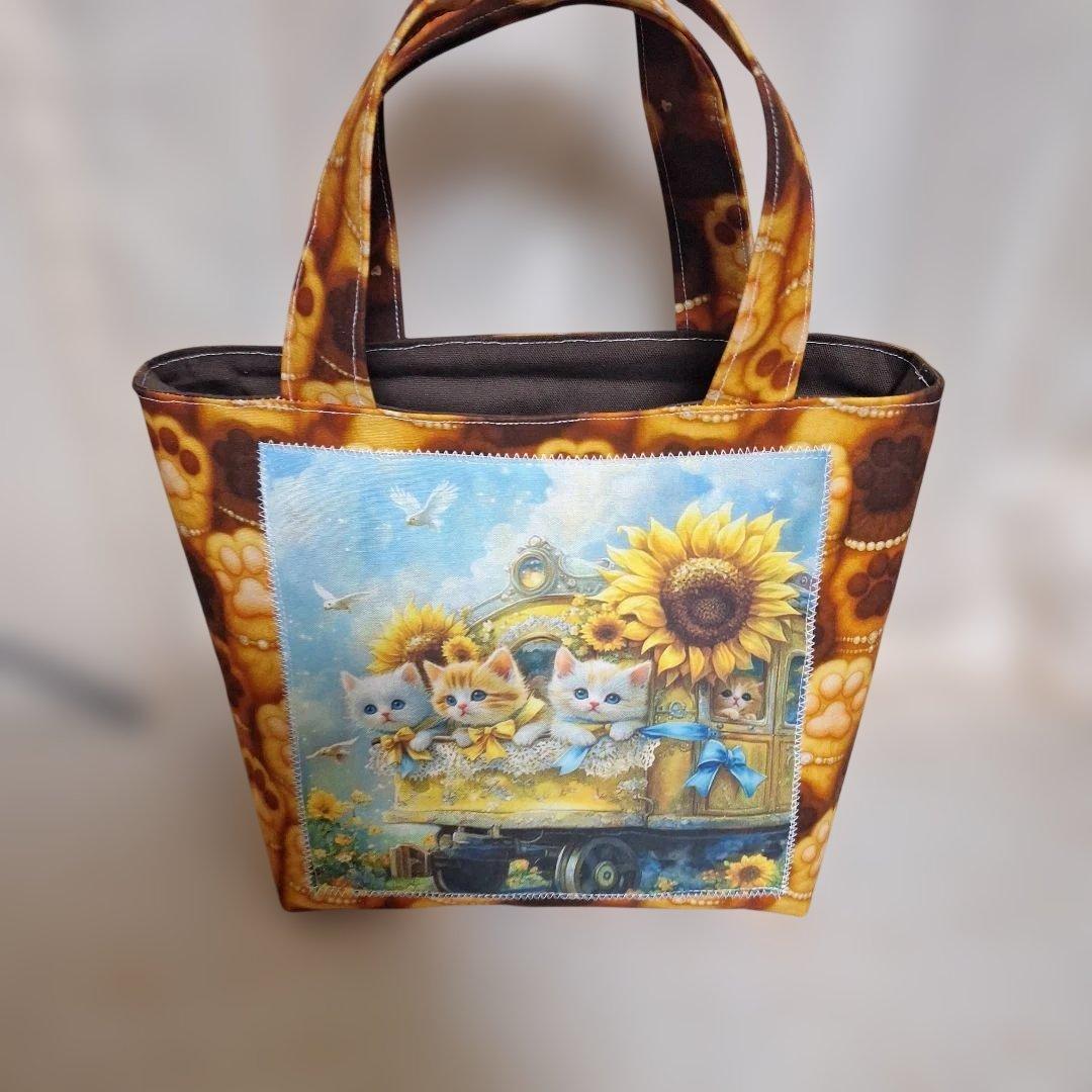 激レアねこパネル生地　ハンドメイド　ミニバック　まちなしバッグ　ポーチ