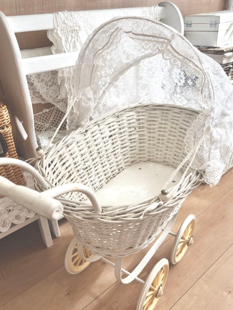 ★希少★ フランス アンティーク ドール用 ベビーカー 乳母車 ラタン アイアン