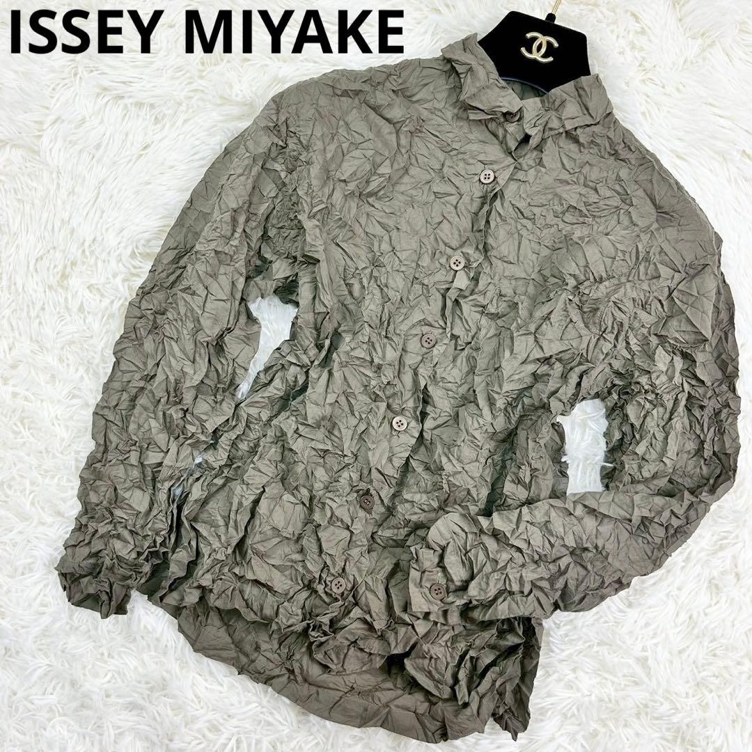 美品　イッセイミヤケ　ブラウス　シワ加工　前開き羽織長袖　カーキ　M