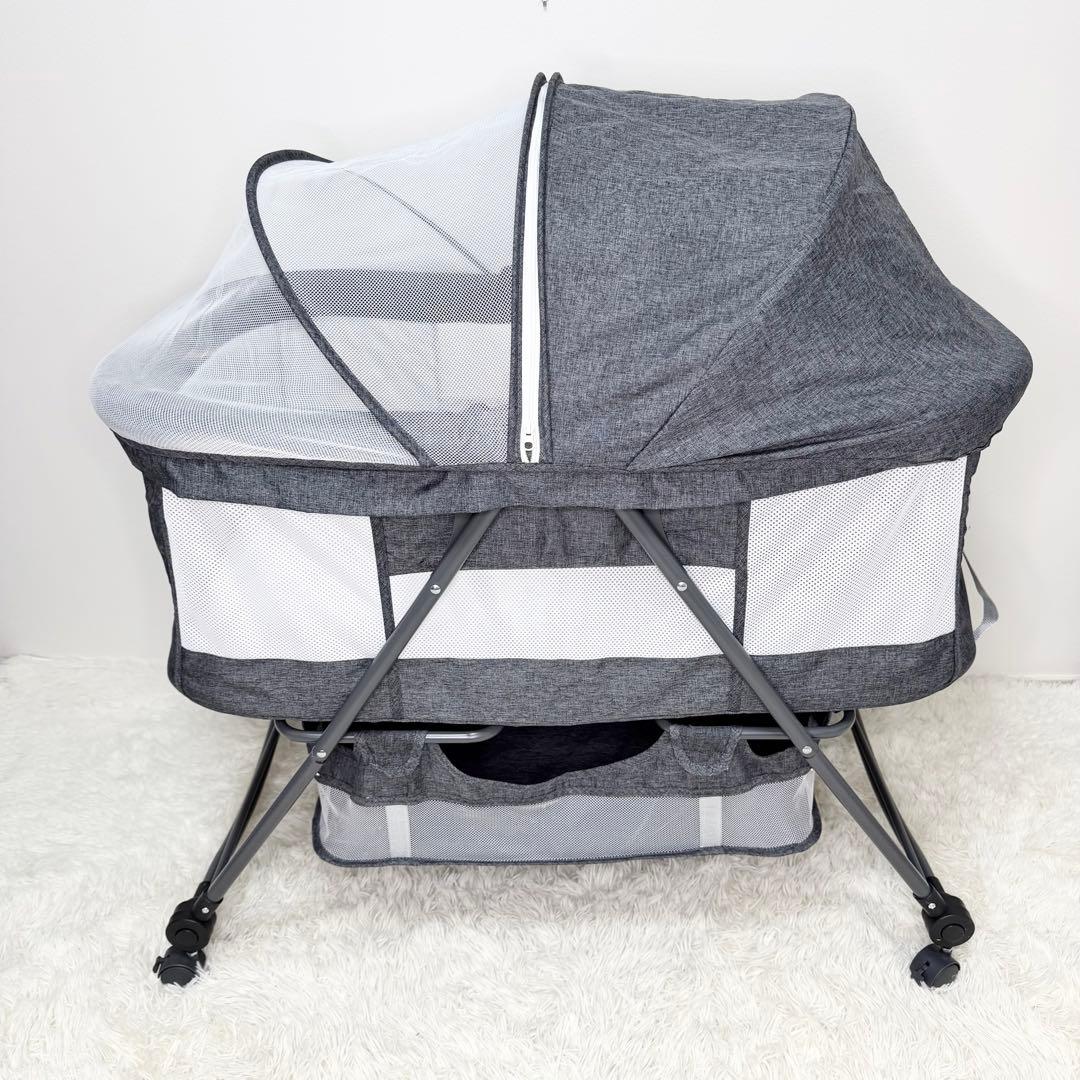 極美品 簡易ベビーベッド 移動式 折りたたみ 蚊帳 荷物入れ 収納バッグ