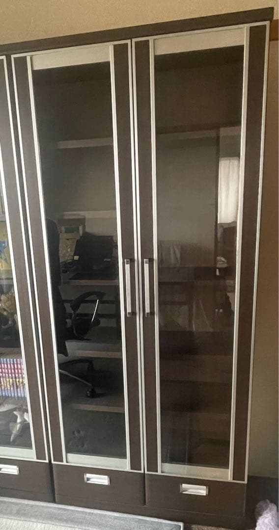 【中古】ダークブラウン本棚 ガラス扉付き 5段