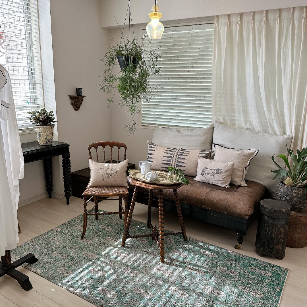 トルコヴィンテージラグ A34 レア 人気柄 紋章柄 グリーン ターコイズ