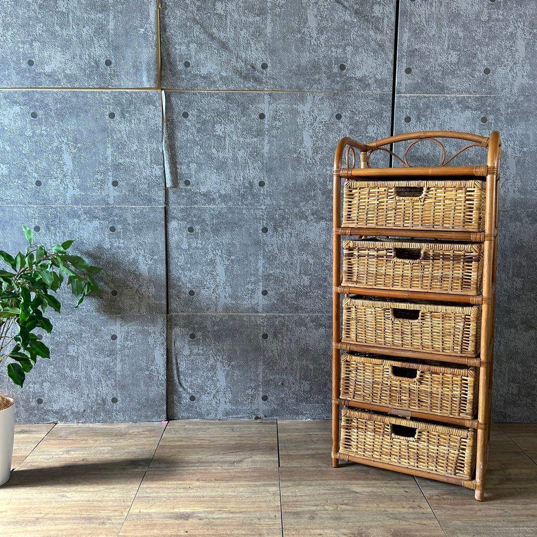 ꧁籐家具꧂ 5段ラタンランドリーチェスト ラック バスケット 収納家具