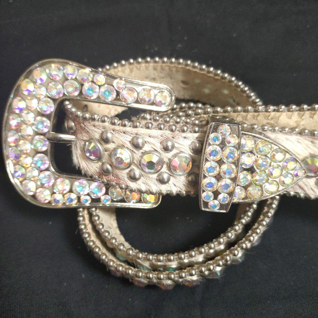 b.bsimonスワロフスキークリスタル装飾 ベルト美品オフホワイトはらこレザー