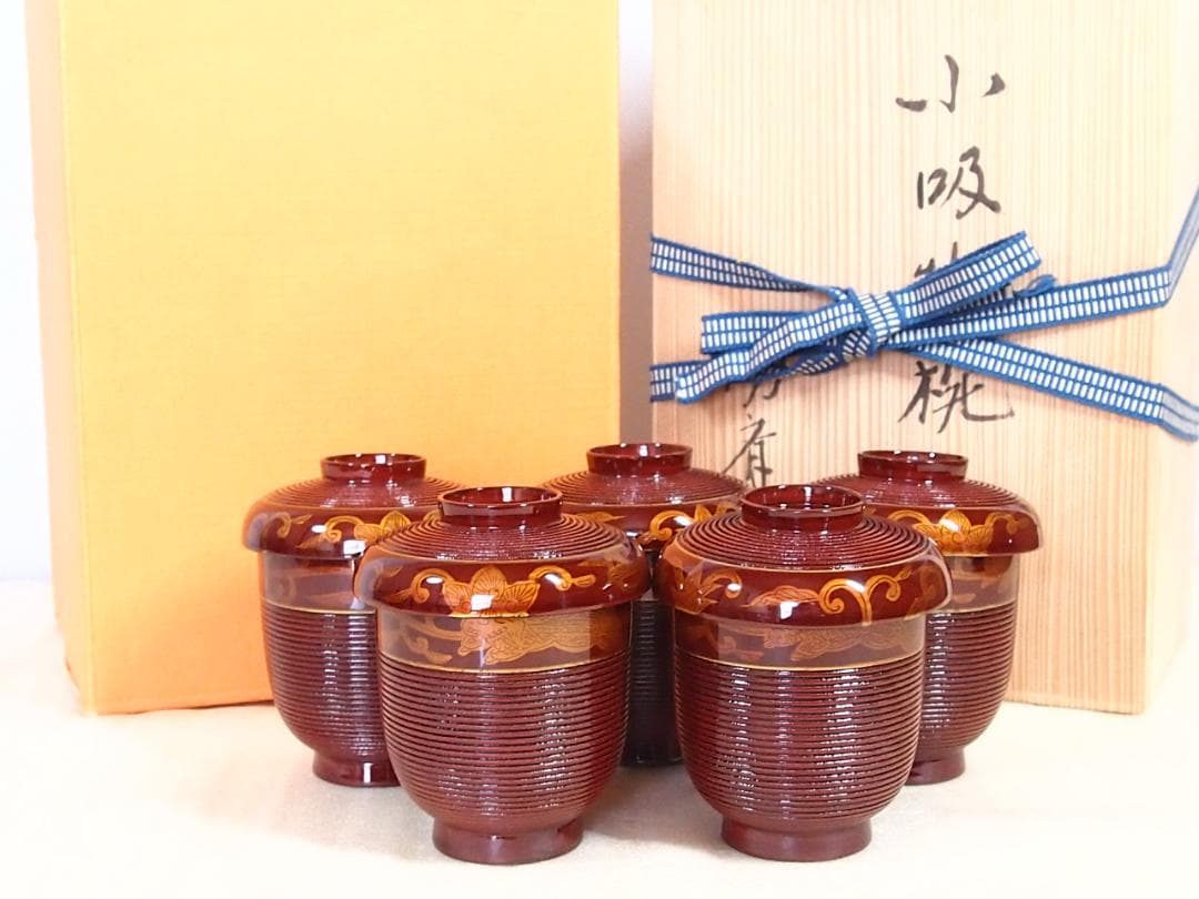 【未使用】輪島塗 岡本陽斎 白壇塗 小吸物椀 5客 箸洗/肝吸い 漆器 茶道具