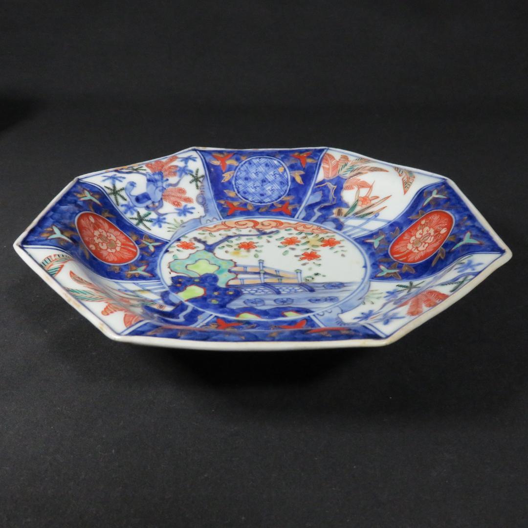 八角皿 色絵 古伊万里 染錦 富貴長春 木箱 江戸 庭景 中皿