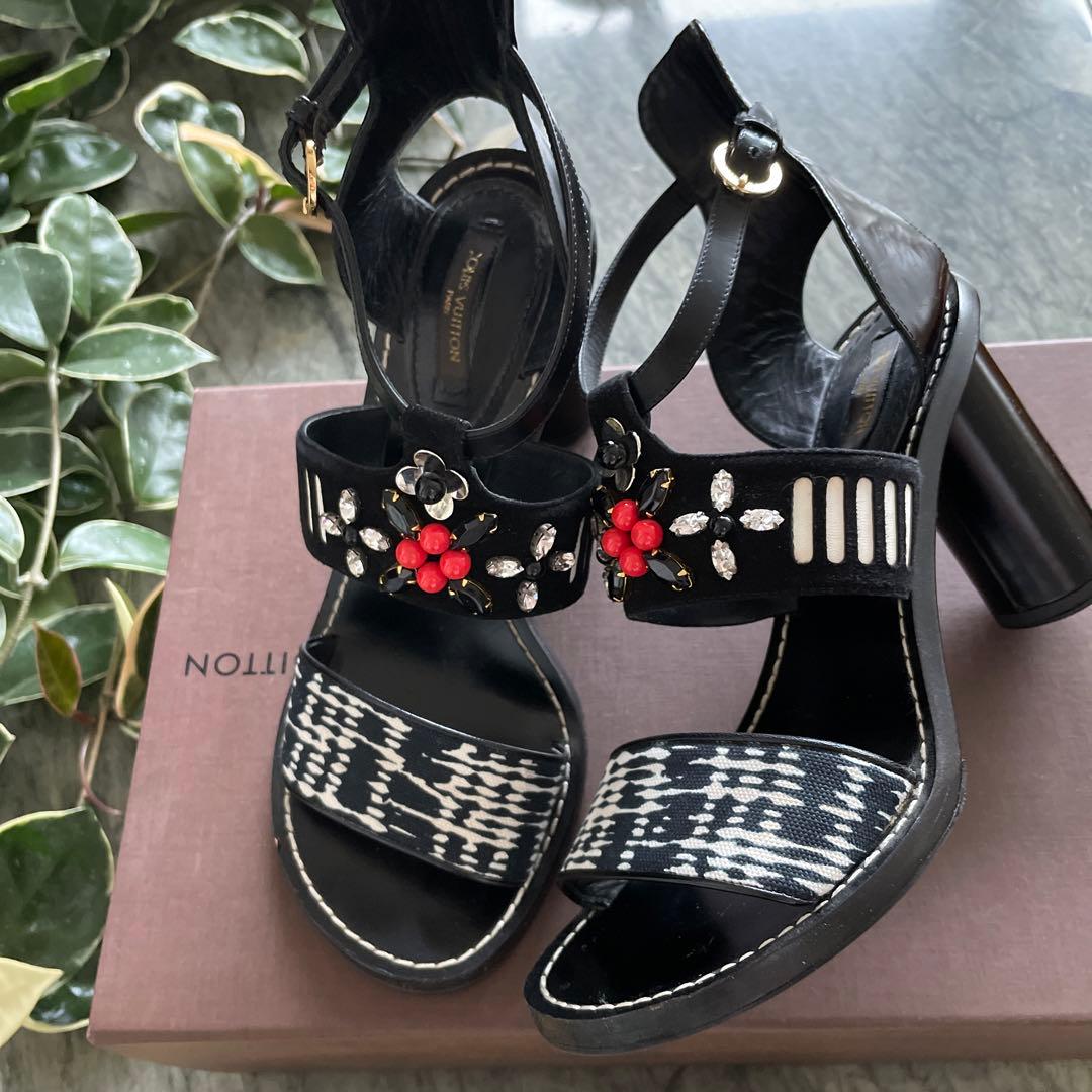 LOUIS VUITTON ヒール サンダル 39 LV ビジュー 保存袋 箱