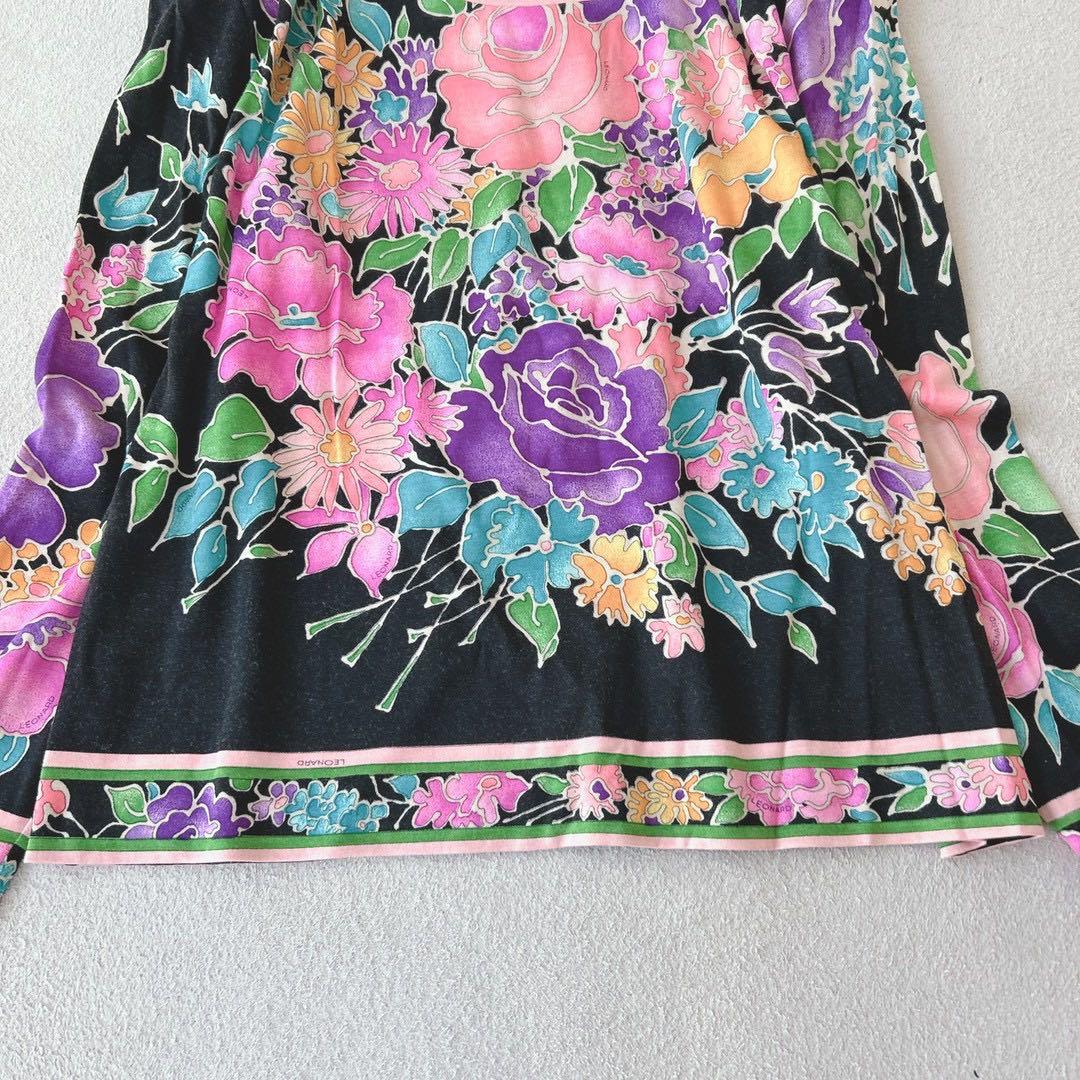 美品✨LEONALD　ブラウス　長袖　ウール×シルク　花柄　トリム　黒　M