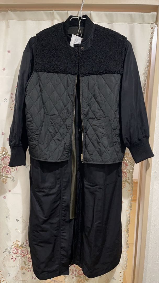 ブラック キルティングフリースモッズコート風