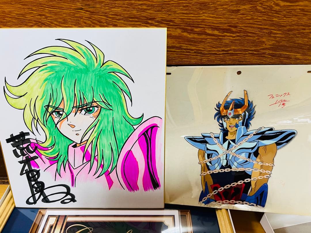 聖闘士星矢　荒木伸吾先生直筆サインカラー色紙　証明書額付　瞬　一輝　セル画セット