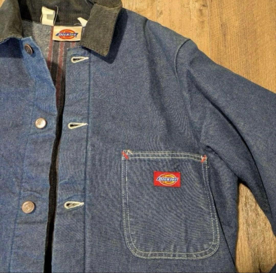 ビンテージ　80s古着　DICKIES　デニムカバーオール　サイズ38 赤リブ