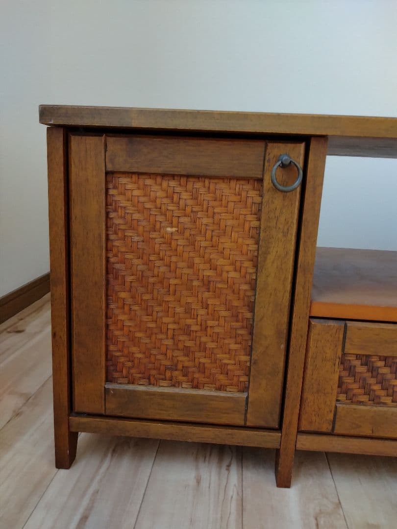 木製テレビ台 ラタン編み扉 引き出し付き