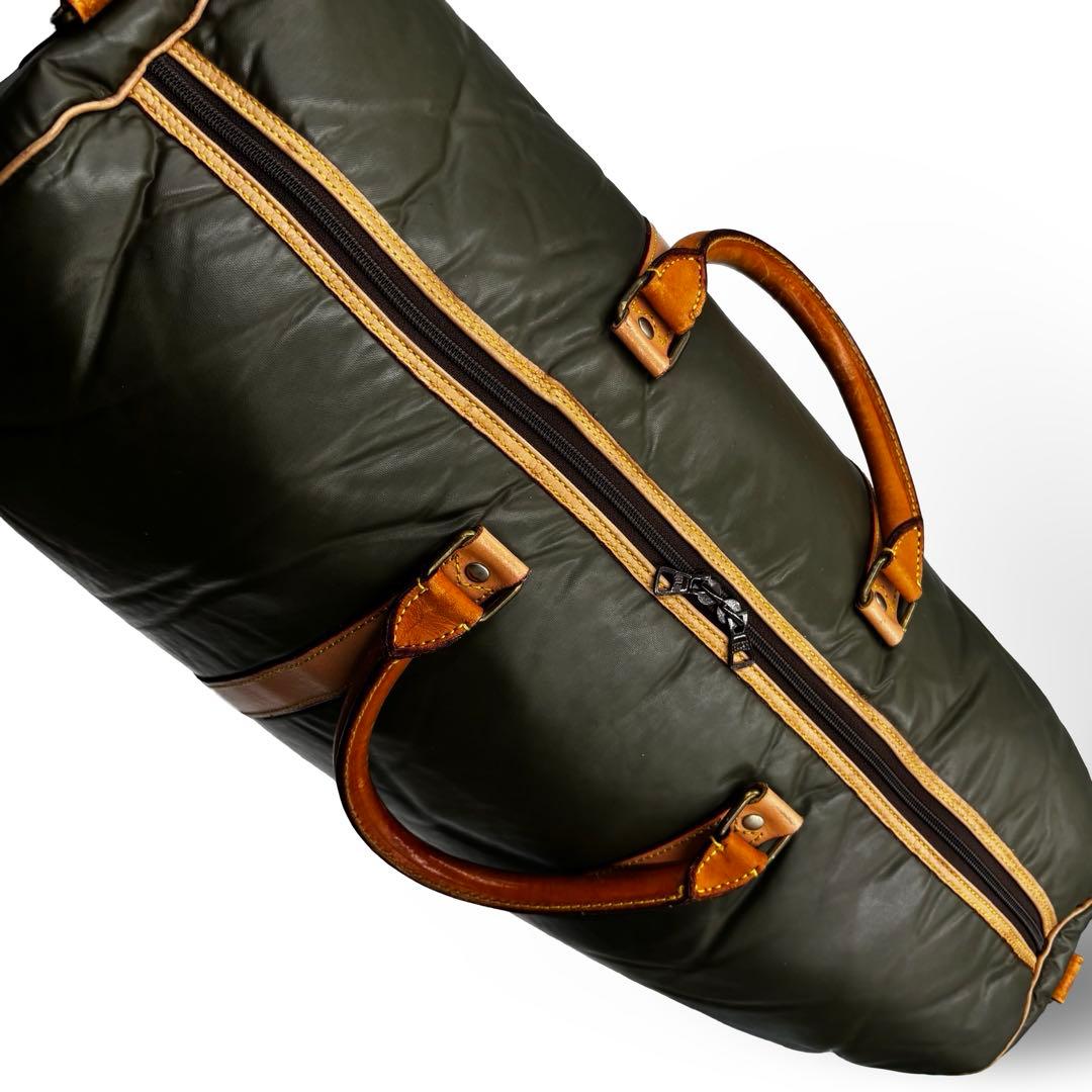 【ヴィンテージ】ハンティングワールド　ボストンバッグ　ナイロン　レザー　カーキ