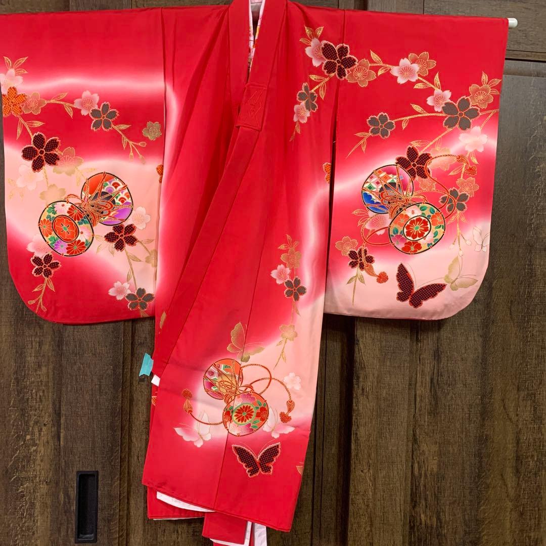 赤とピンクのグラデーション鼓模様お宮参り着物（内袖・長襦袢）