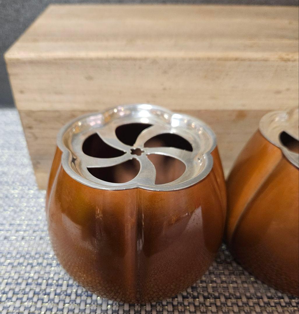 銀座 山崎商店謹製　赤銅　阿古陀香炉　一対　 共箱　茶道具　香道具　透かし蓋附属