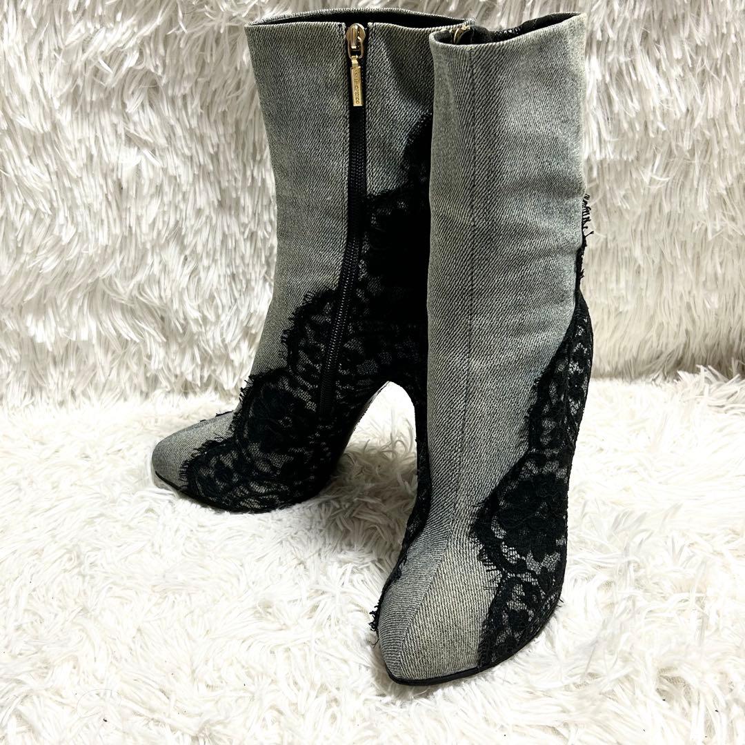 ドルチェ&ガッバーナ デニム×レース ショートブーツ 39 ヒール12.5cm