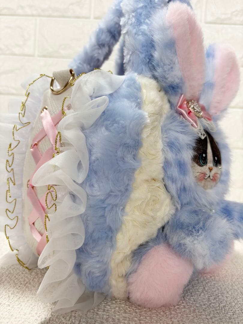 ゆ*ら様 コヤンイサムチョン　ハンドメイド　ファーフリルバッグ水色　ヒョウ柄　ハ