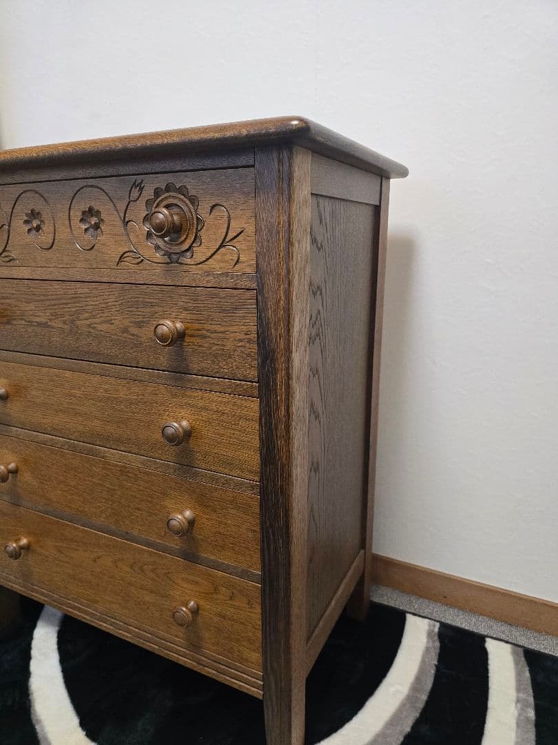 美品 勇峰工芸　雅　花柄チェスト　ナラ材家具　 旭川家具　伝統工芸品