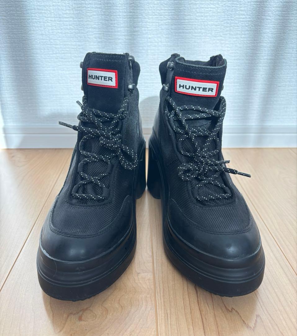 HUNTER ハンター 厚底 レースアップ ヒールブーツ 防水 黒 25cm