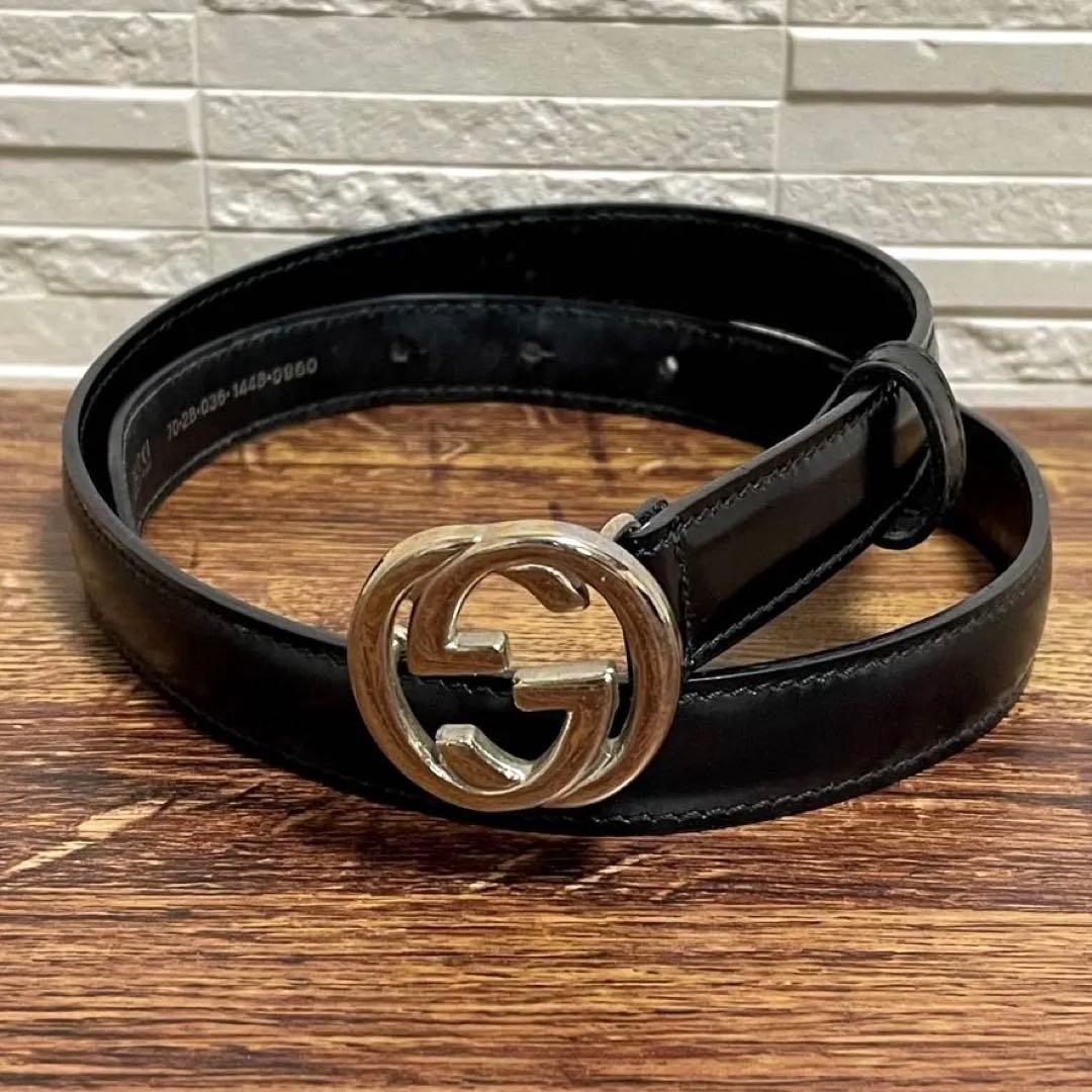 グッチ GG インターロッキング バックル ベルト レザー シルバー ブラック.