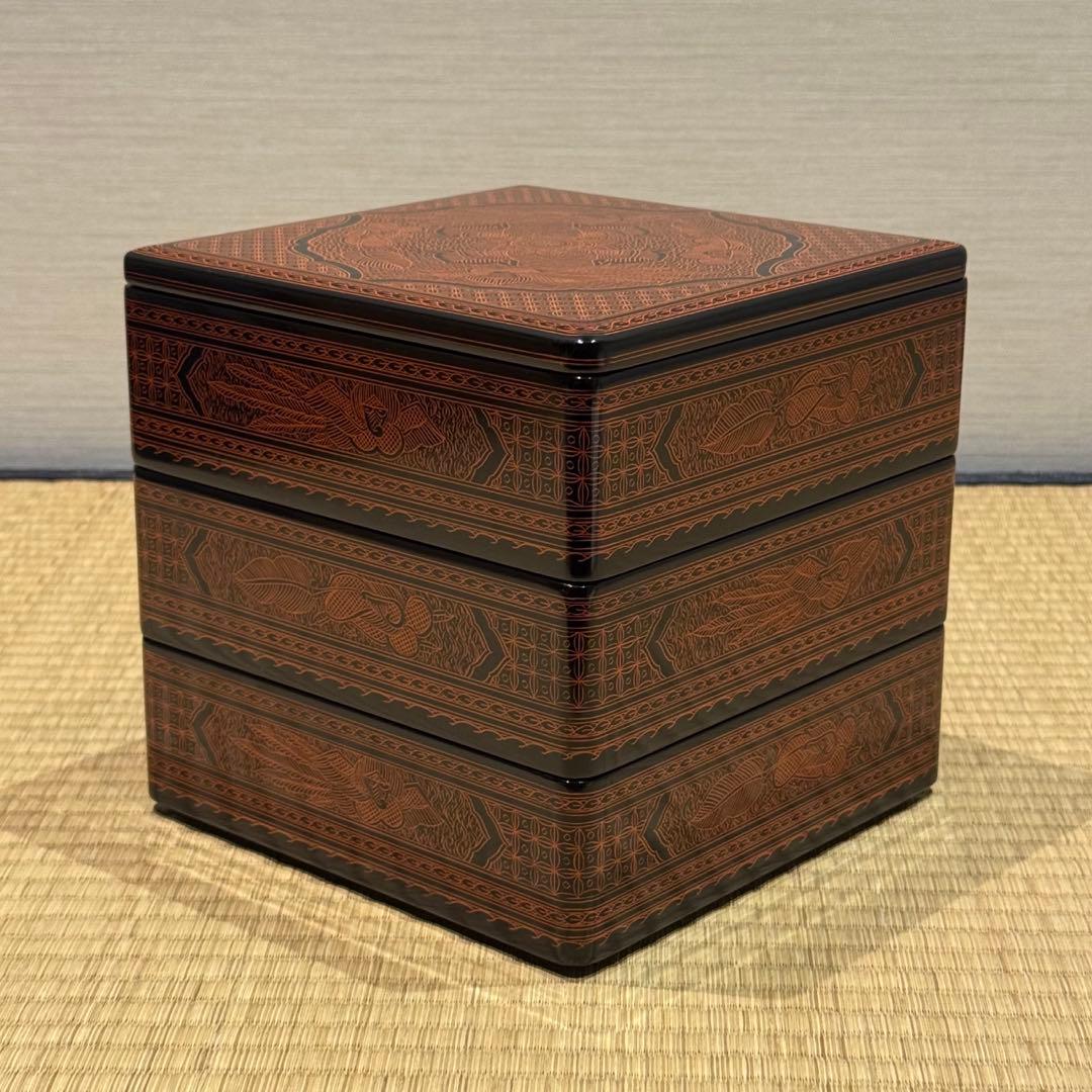 讃岐漆器 筒井隆之 造 蒟醤塗 三段重箱 伝統工芸 讃岐 香川漆器 茶懐石道具