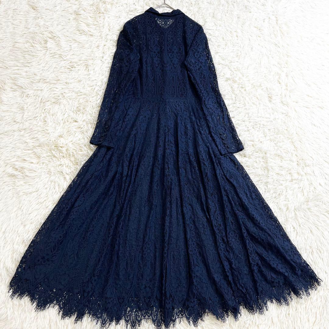美品✨セルフォード ロングワンピース 総レース 襟付き Aライン ネイビー 38