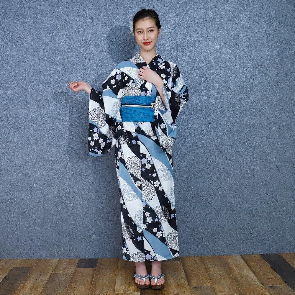 ◆ノー皺加工最高級カルキュロ◆黒菊桜モダン浴衣◆しわにならない浴衣◆新品未使用