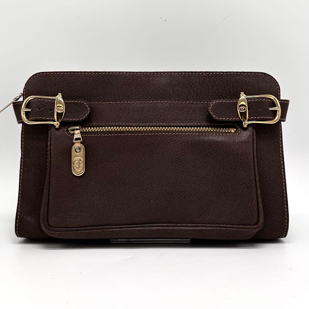 レア極美品 OLD GUCCI クラッチバッグ ロゴ金具 レザー 焦茶 男女兼用