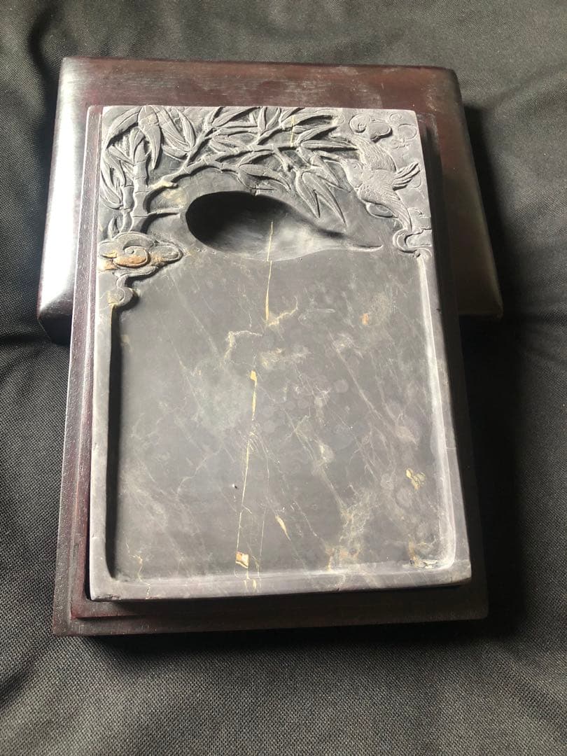 すずり 端溪硯 老坑 水巖 花鳥文 金綫 五彩飣 エン脂書道用品 端渓硯 文房具