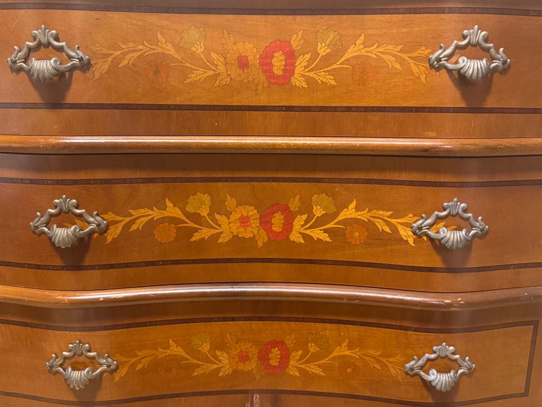 イタリア製3段チェスト 象嵌 猫脚 アンティーク