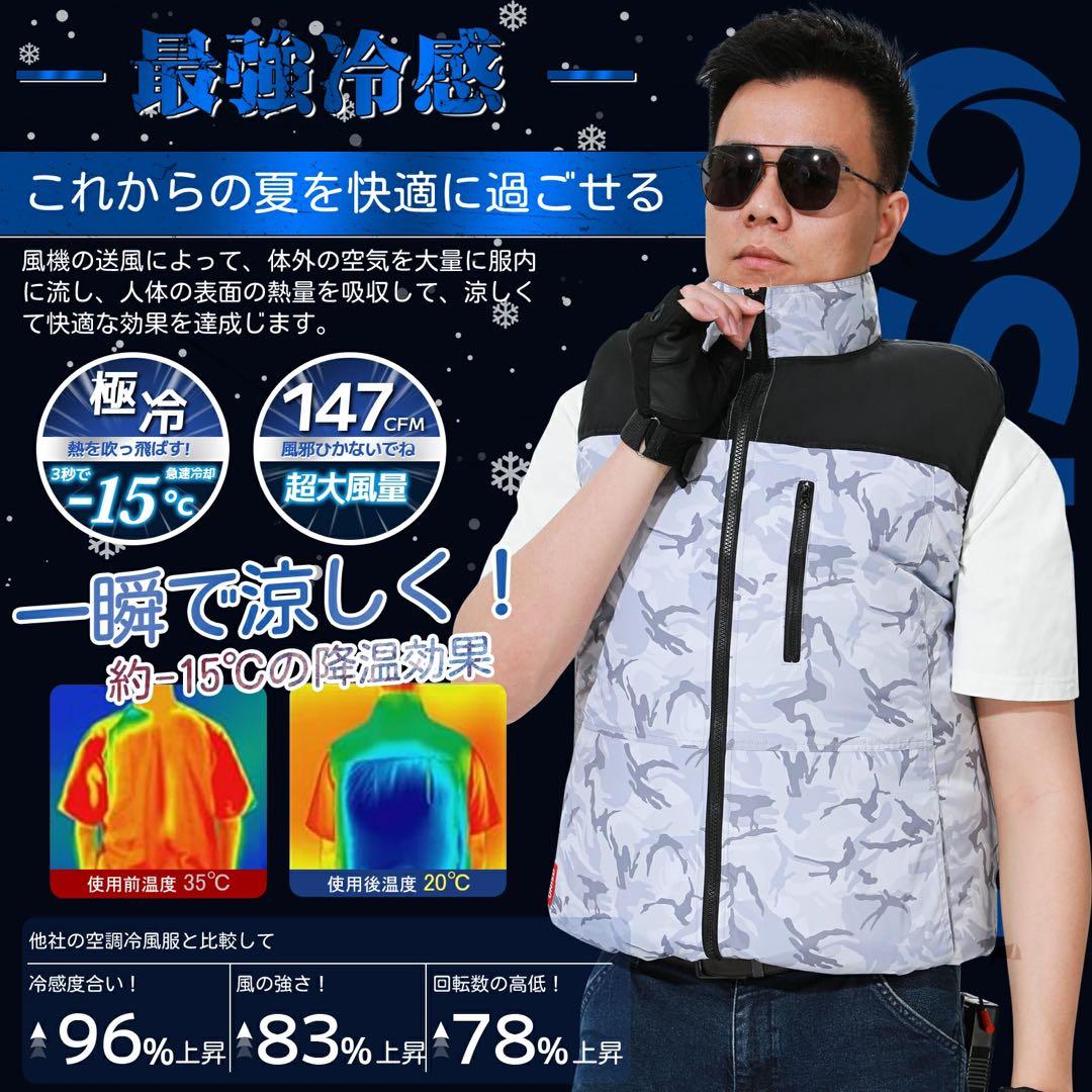 空調作業服 空調ベスト24V 2025最新 ファン、バッテリー付き L迷彩ブルー