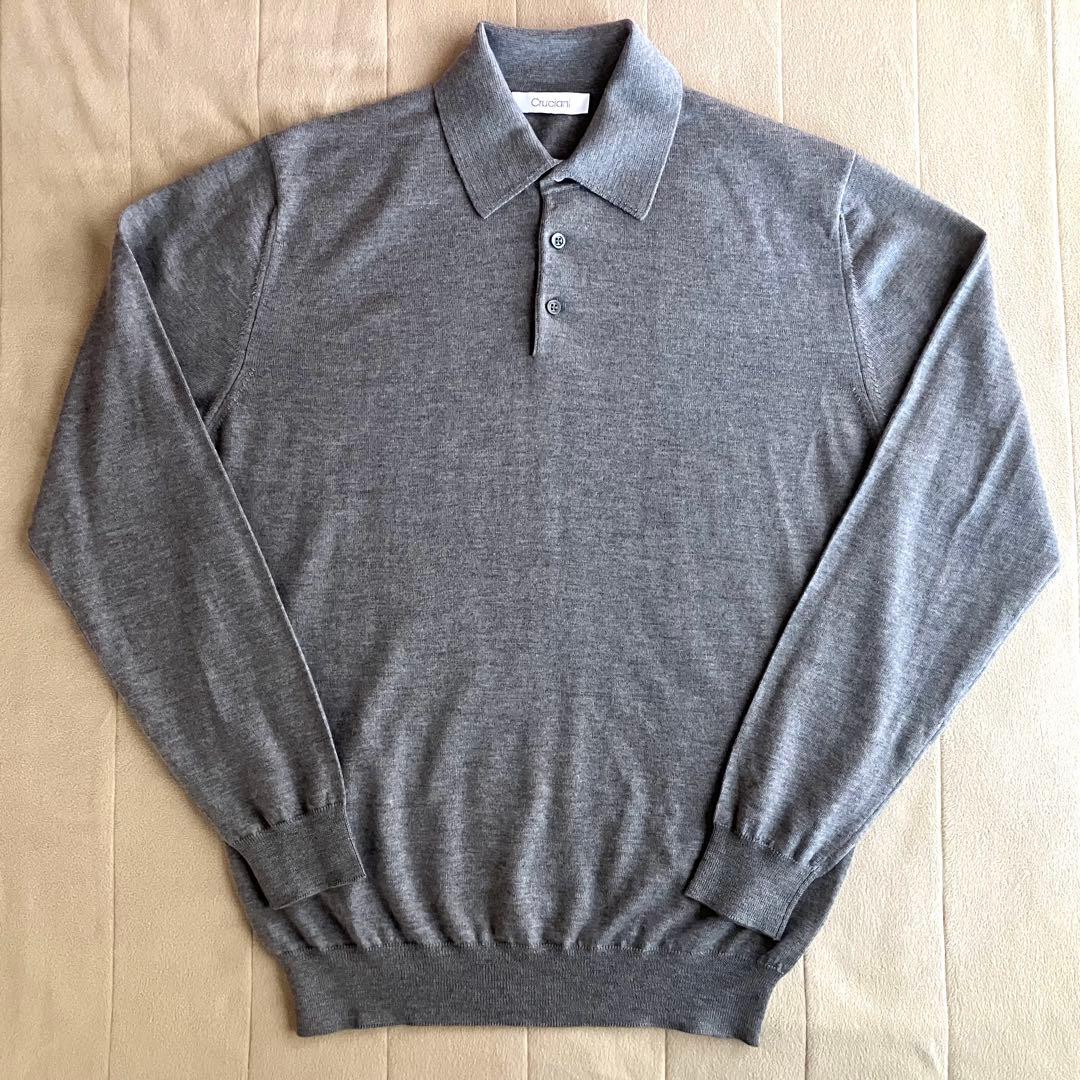 Cruciani ウール 27G ニットポロ 製品染め 長袖 杢グレー 52