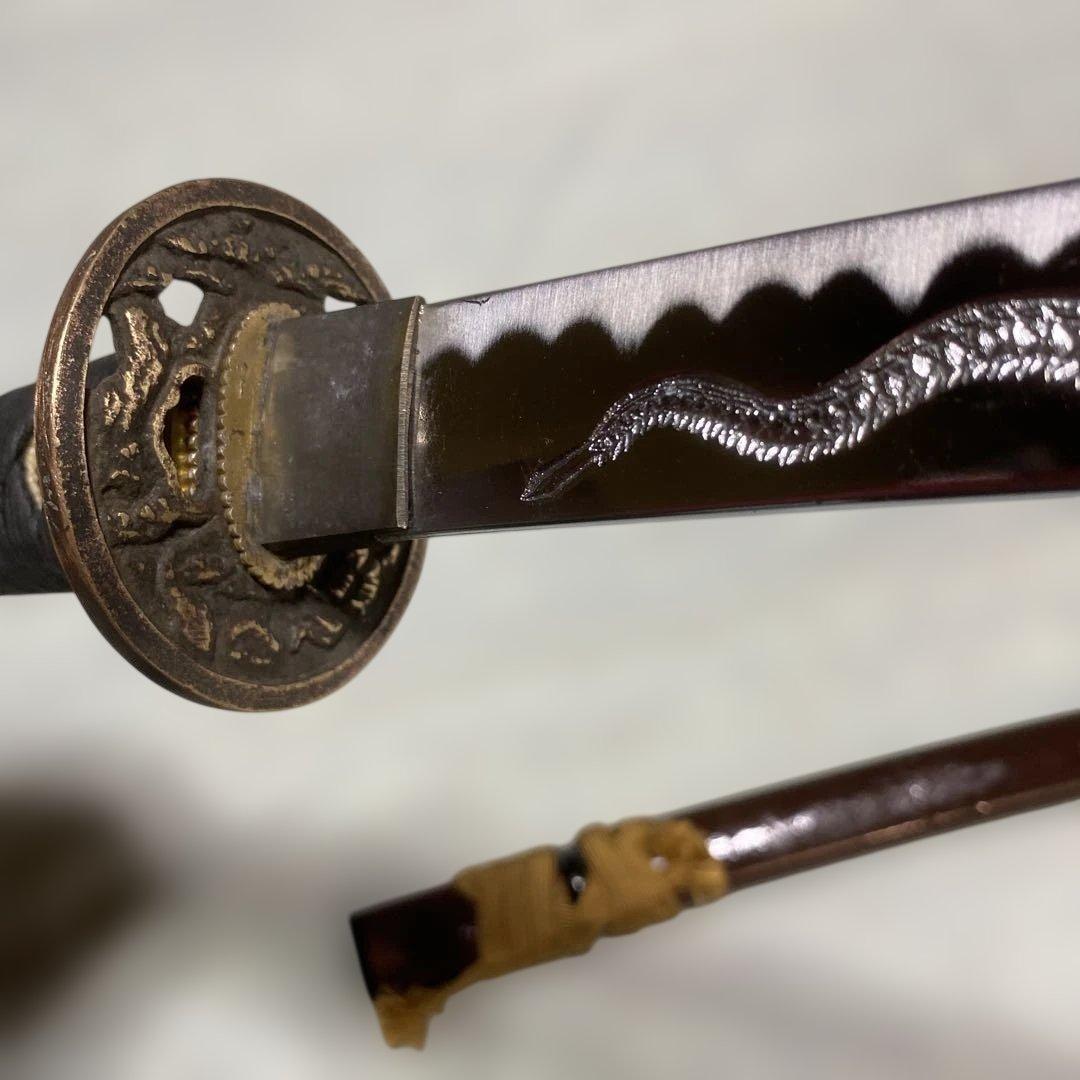 模造刀 濃緑柄 角松透し楕円鍔 茶鞘