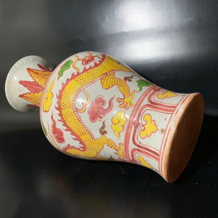 古玩赤絵花瓶・時代中国花器・粉彩色絵瓶・黄龍五爪・始皇帝・煎茶道具