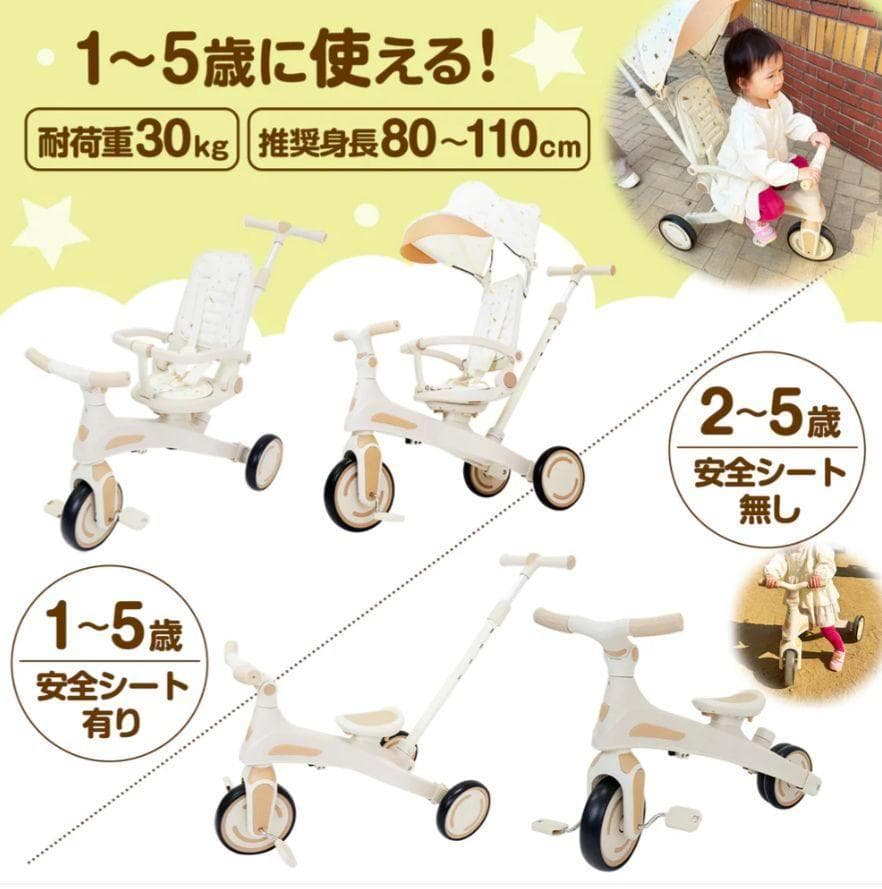 ⭐️新品⭐️多機能三輪車【ベージュ】 7in1 折りたたみ式 安全設計1歳〜5歳