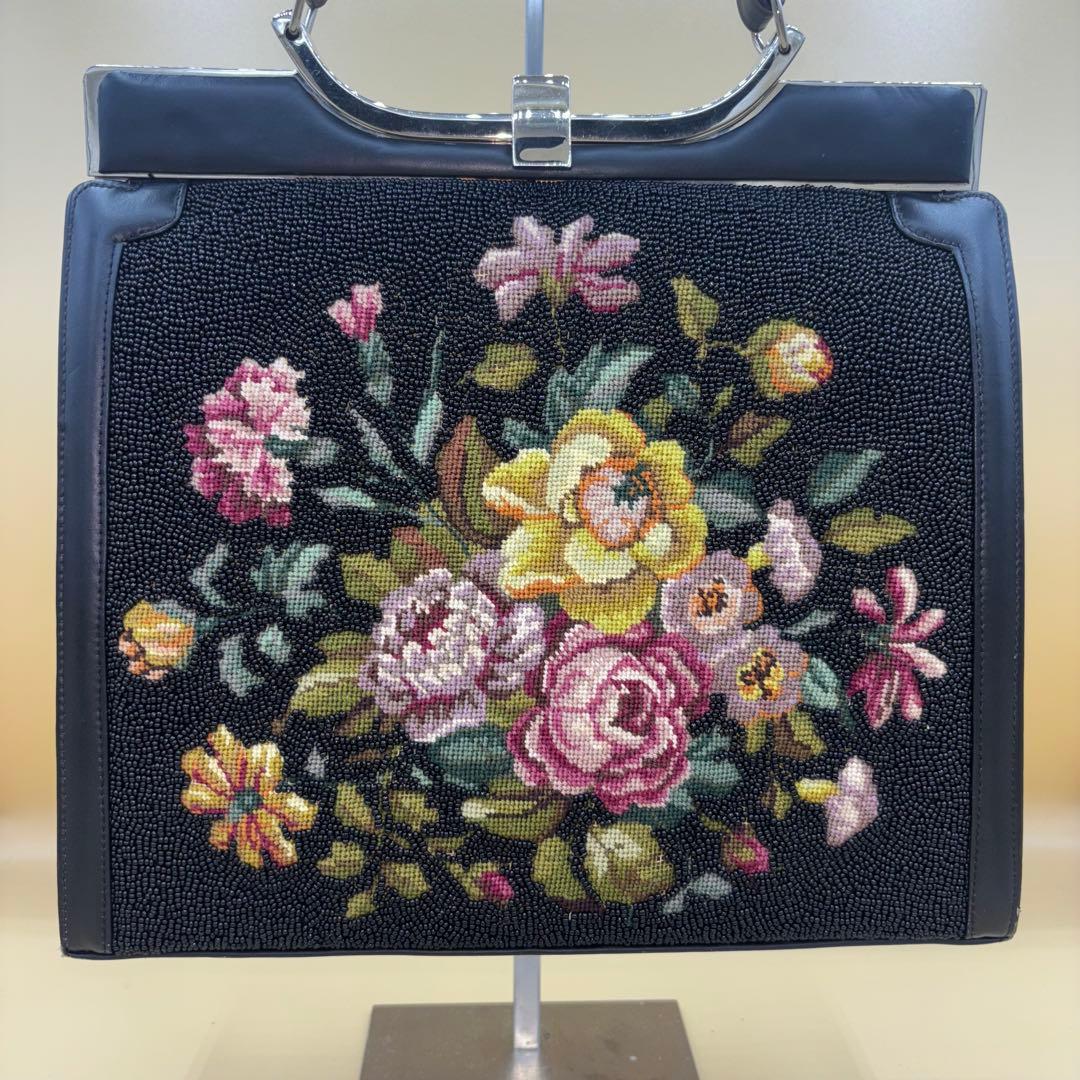 プチポアン風 ビーズ刺繍 花柄 ヴィンテージバッグ 英領香港 ハンドメイド