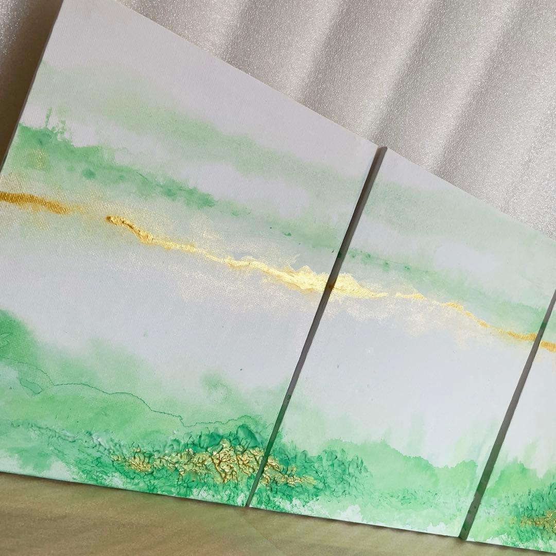 緑の抽象画｜現代アート　絵画　インテリア　ナチュラル　アートパネル　金　壁掛け